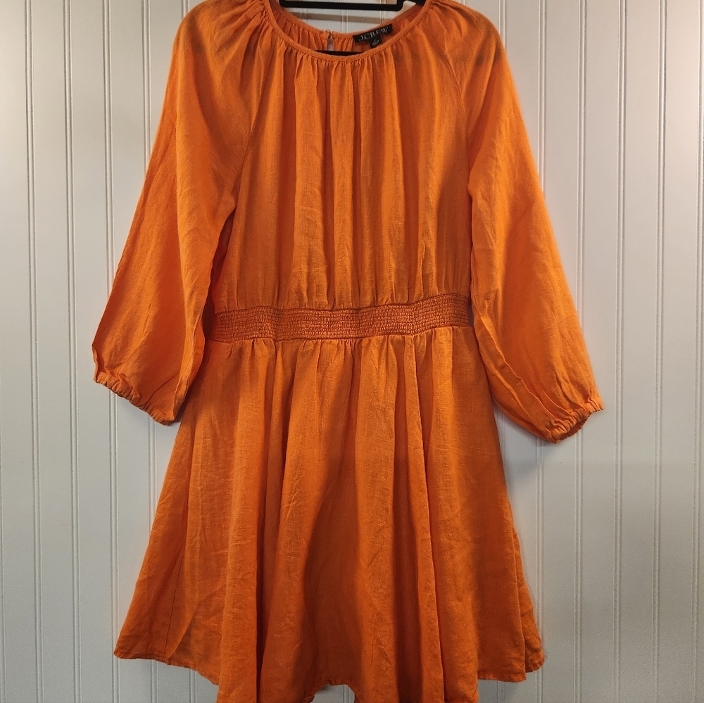 JCrew Women's Orange Palermo Smock Waist 100% Linen‎ Mini Dress Size S Summer